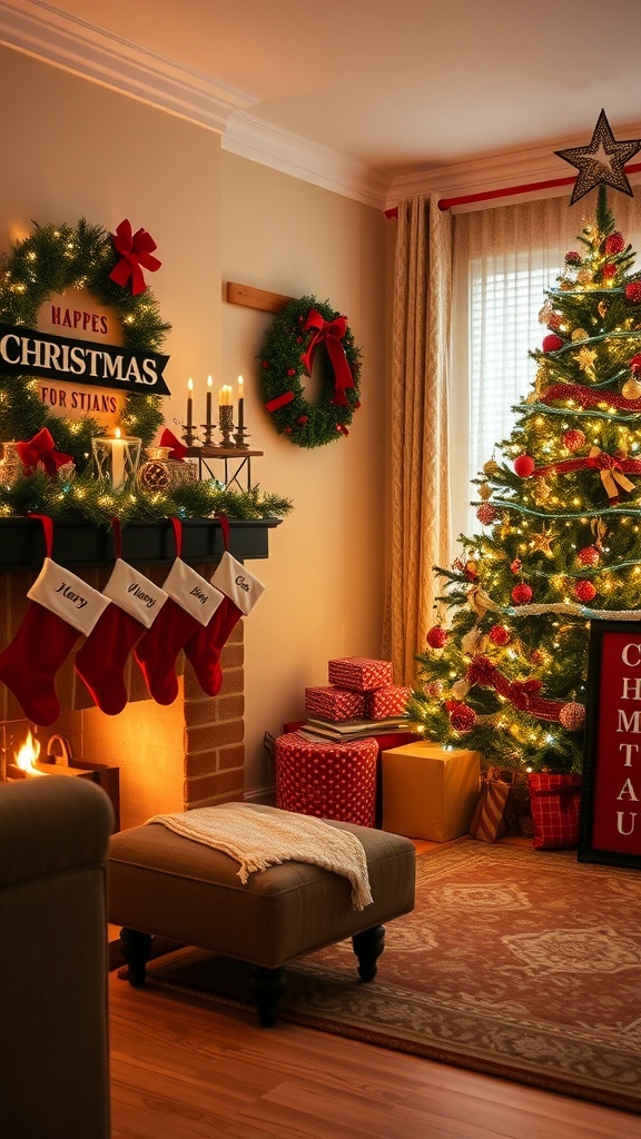 Funny Christmas Quotes for Holiday Cheer A cozy Christmas living room with a decorated tree and humorous quote banner.